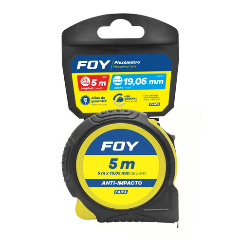 Flexómetro Con Carcasa Anti-Impacto Color Amarillo, 5 m x 19 mm, Foy FAIF5