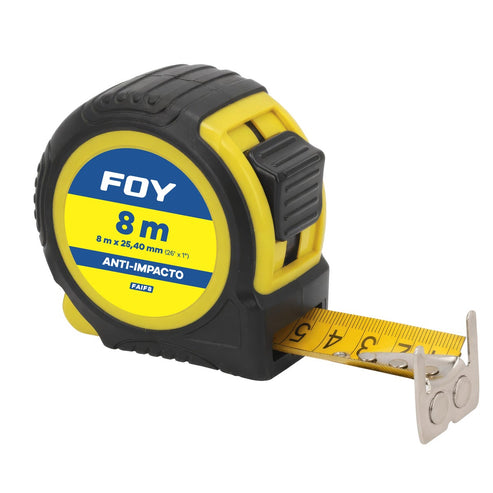 Flexómetro Con Carcasa Anti-Impacto Color Amarillo, 8 m x 25 mm, Foy FAIF8