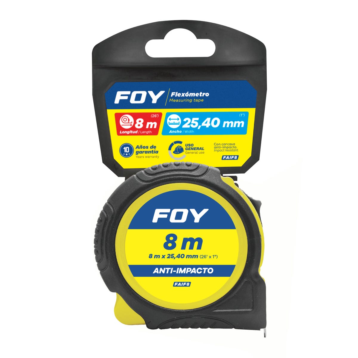 Flexómetro Con Carcasa Anti-Impacto Color Amarillo, 8 m x 25 mm, Foy FAIF8