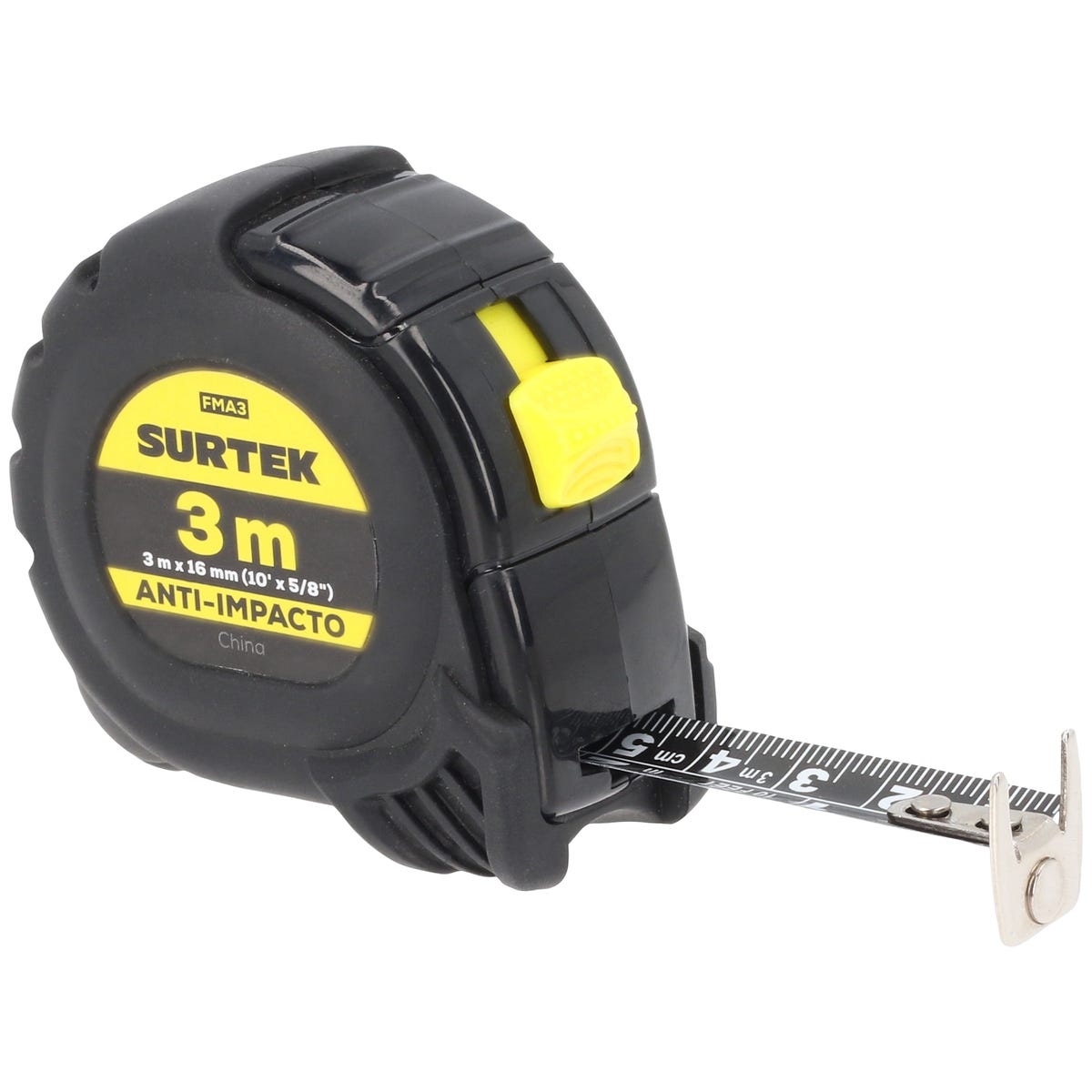 Flexómetro Con Carcasa Anti-Impacto Cinta Color Negro, 3 m x 16 mm, Surtek FMA3