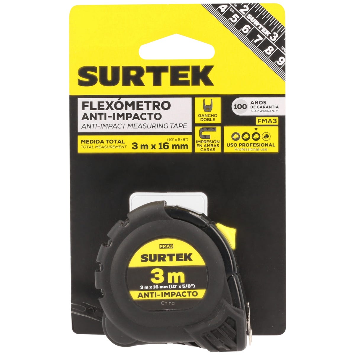 Flexómetro Con Carcasa Anti-Impacto Cinta Color Negro, 3 m x 16 mm, Surtek FMA3