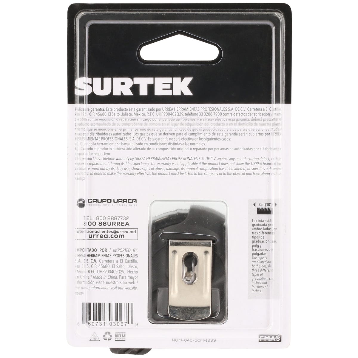Flexómetro Con Carcasa Anti-Impacto Cinta Color Negro, 3 m x 16 mm, Surtek FMA3