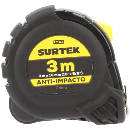 Flexómetro Con Carcasa Anti-Impacto Cinta Color Negro, 3 m x 16 mm, Surtek FMA3