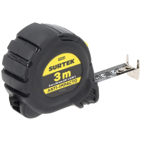 Flexómetro Con Carcasa Anti-Impacto Cinta Color Negro, 3 m x 16 mm, Surtek FMA3