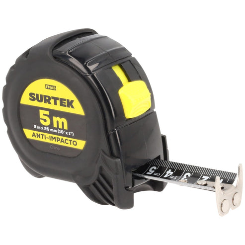 Flexómetro Con Carcasa Anti-Impacto Cinta Color Negro, 5 m x 25 mm, Surtek FMA5