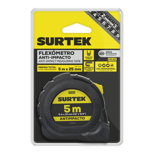 Flexómetro Con Carcasa Anti-Impacto Cinta Color Negro, 5 m x 25 mm, Surtek FMA5