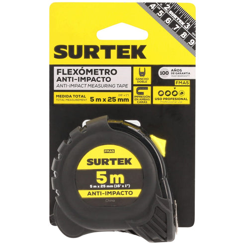 Flexómetro Con Carcasa Anti-Impacto Cinta Color Negro, 5 m x 25 mm, Surtek FMA5