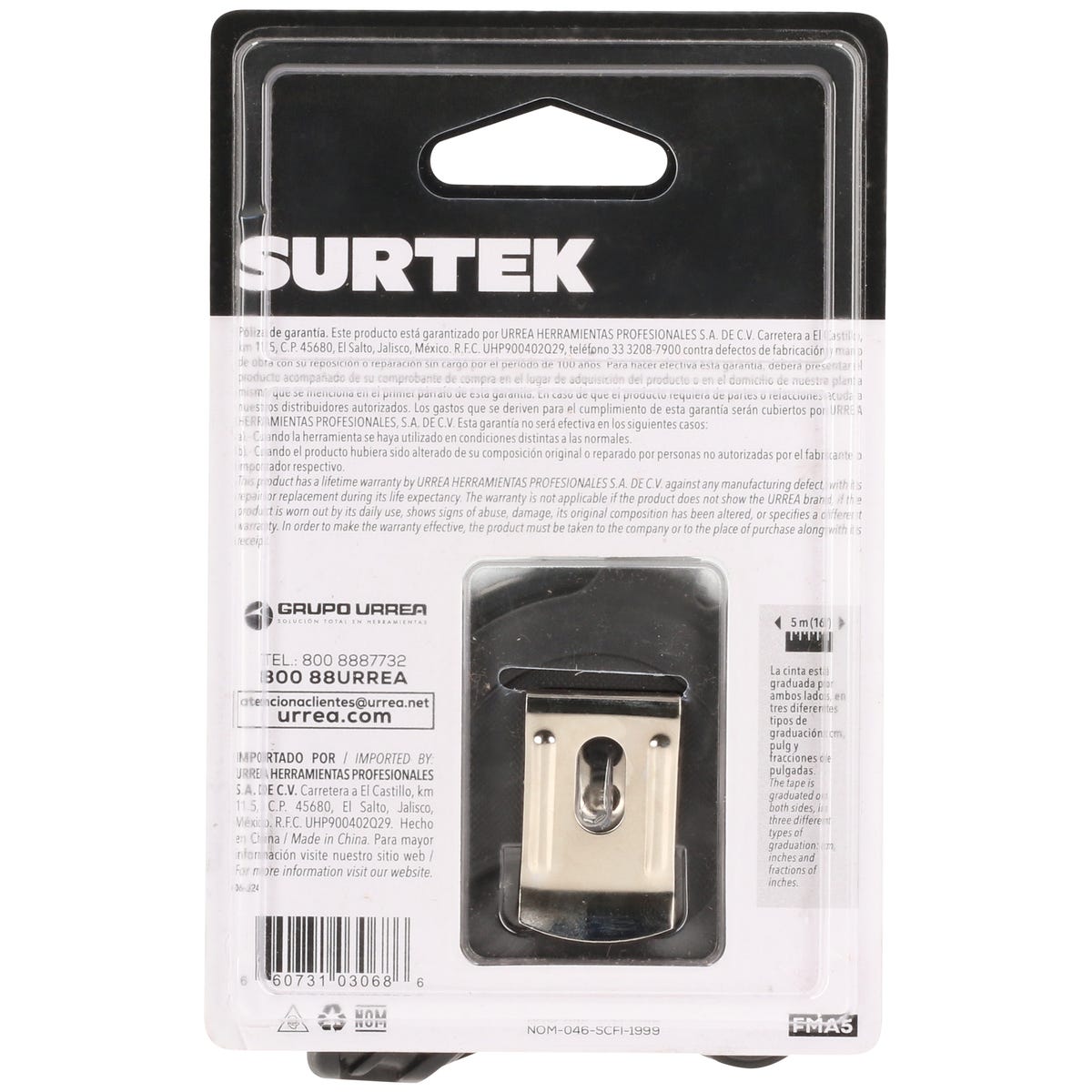 Flexómetro Con Carcasa Anti-Impacto Cinta Color Negro, 5 m x 25 mm, Surtek FMA5