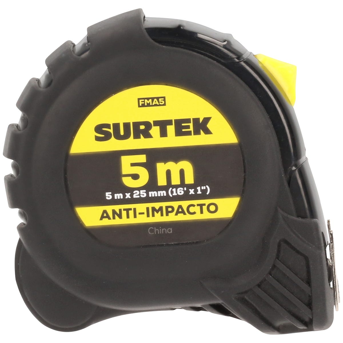 Flexómetro Con Carcasa Anti-Impacto Cinta Color Negro, 5 m x 25 mm, Surtek FMA5