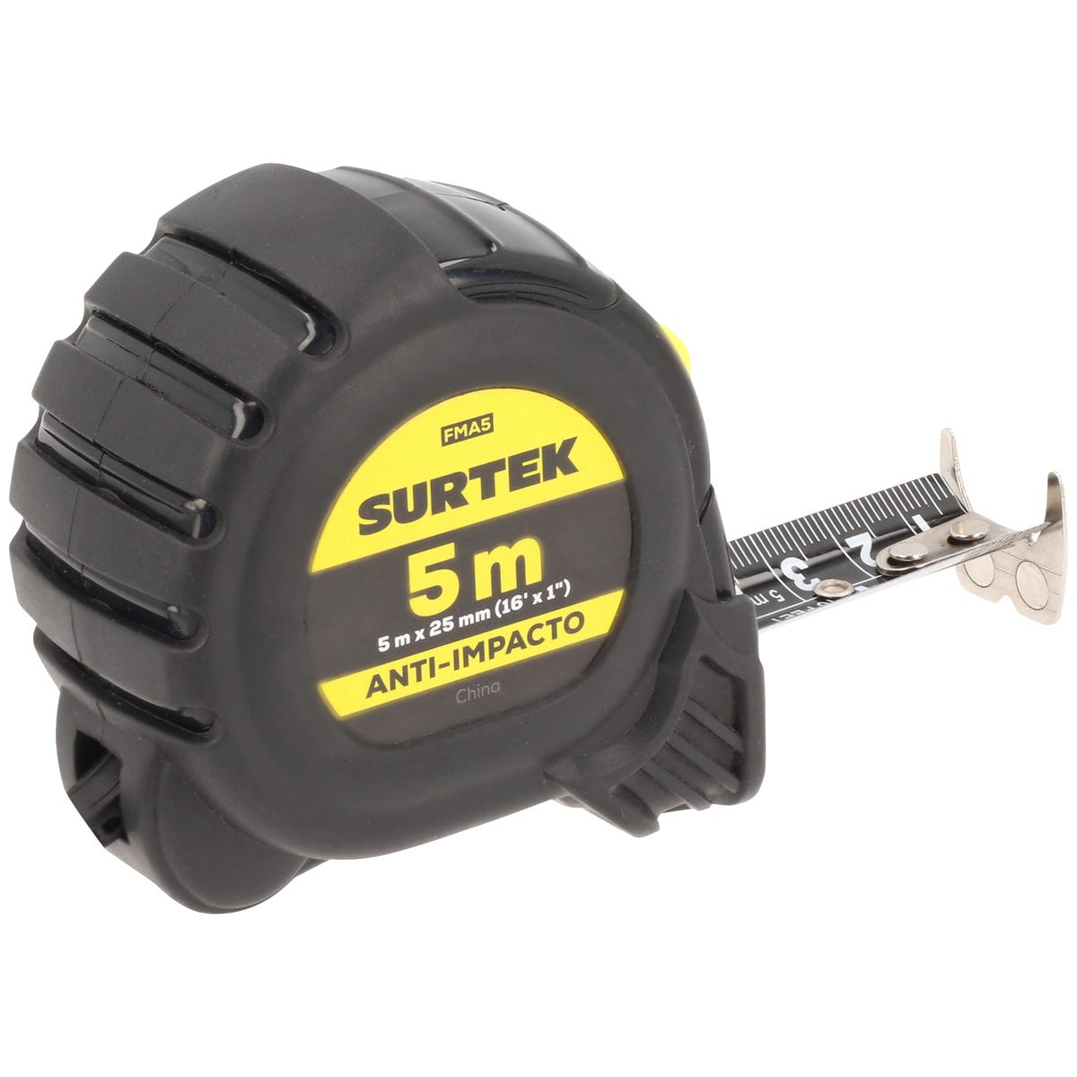 Flexómetro Con Carcasa Anti-Impacto Cinta Color Negro, 5 m x 25 mm, Surtek FMA5