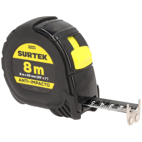 Flexómetro Con Carcasa Anti-Impacto Cinta Color Negro, 8 m x 25 mm, Surtek FMA8