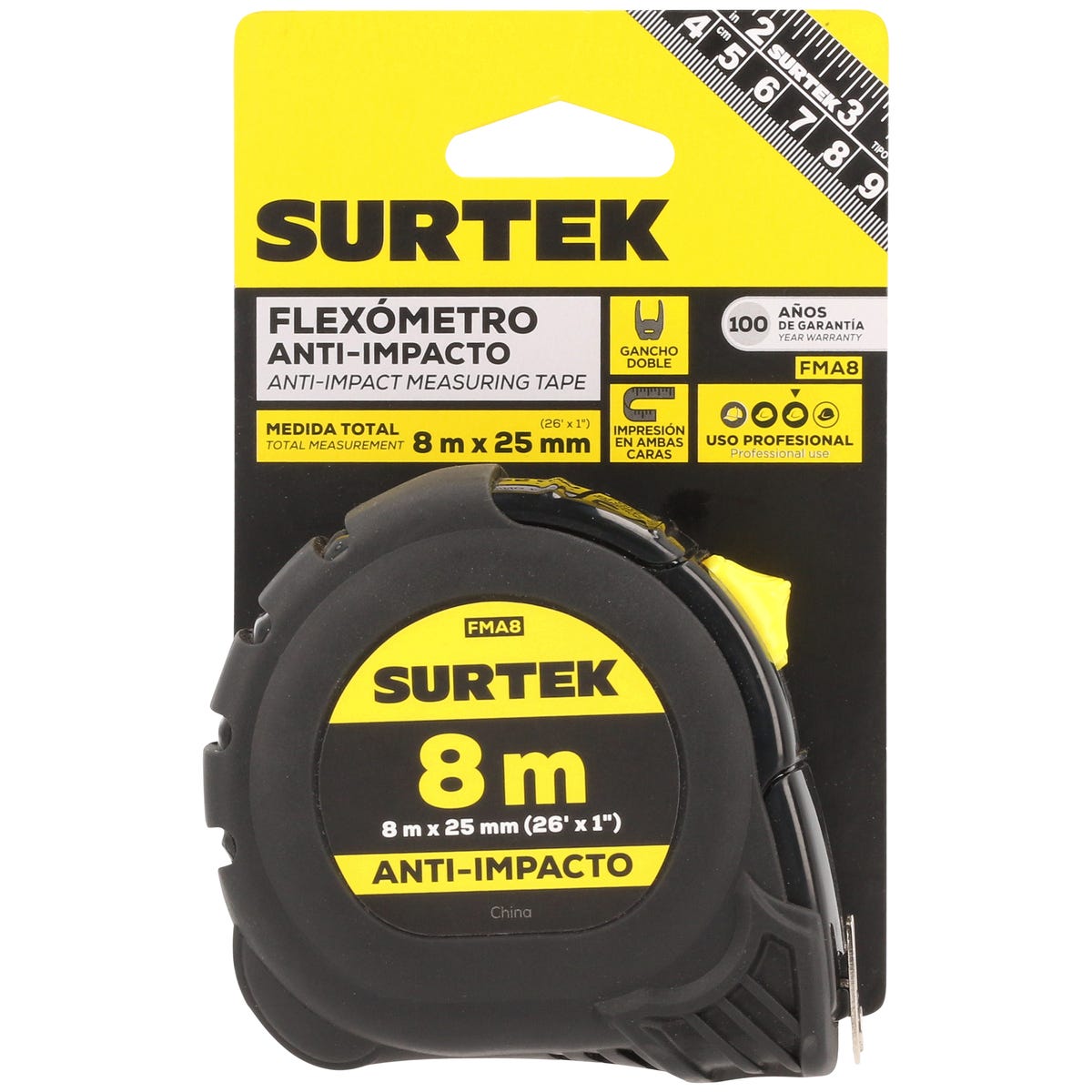 Flexómetro Con Carcasa Anti-Impacto Cinta Color Negro, 8 m x 25 mm, Surtek FMA8