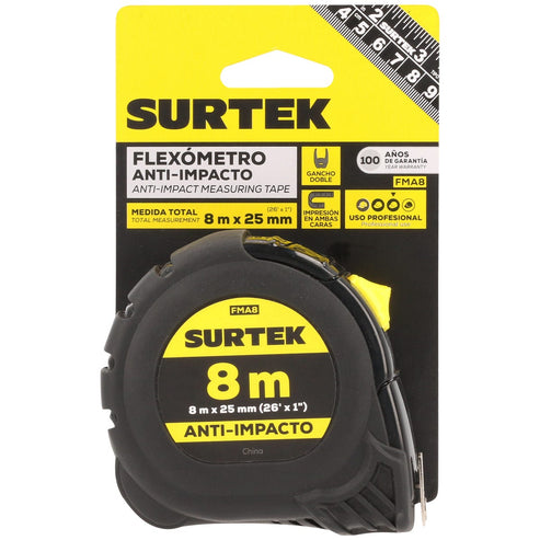 Flexómetro Con Carcasa Anti-Impacto Cinta Color Negro, 8 m x 25 mm, Surtek FMA8