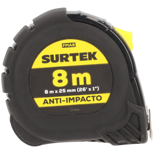 Flexómetro Con Carcasa Anti-Impacto Cinta Color Negro, 8 m x 25 mm, Surtek FMA8