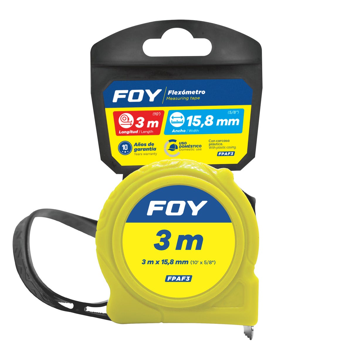 Flexómetro Con Carcasa De Plástico Amarillo, 3 m x 15 mm, Foy FPAF3