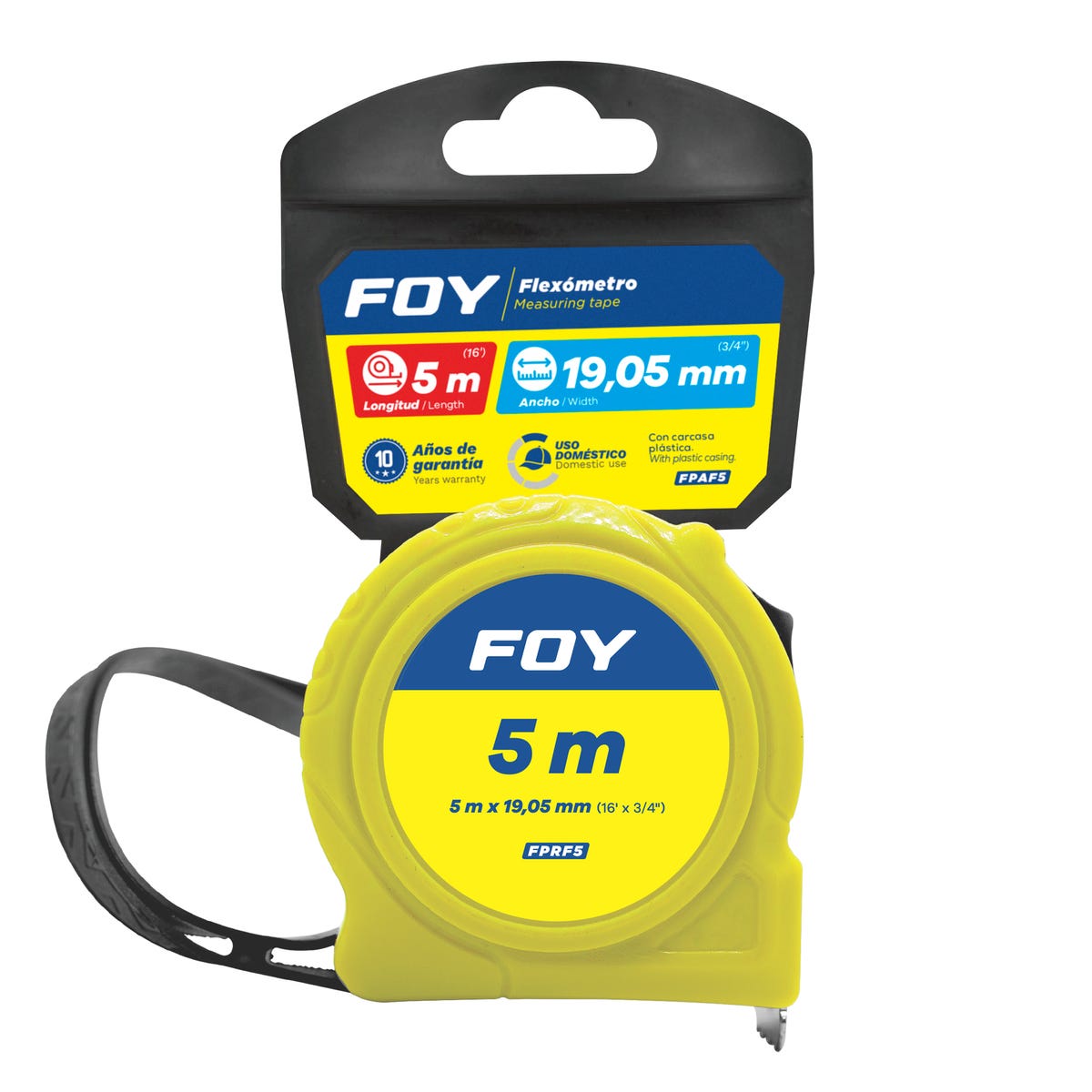 Flexómetro Con Carcasa De Plástico Color Amarillo, 5 m x 19 mm, Foy FPAF5