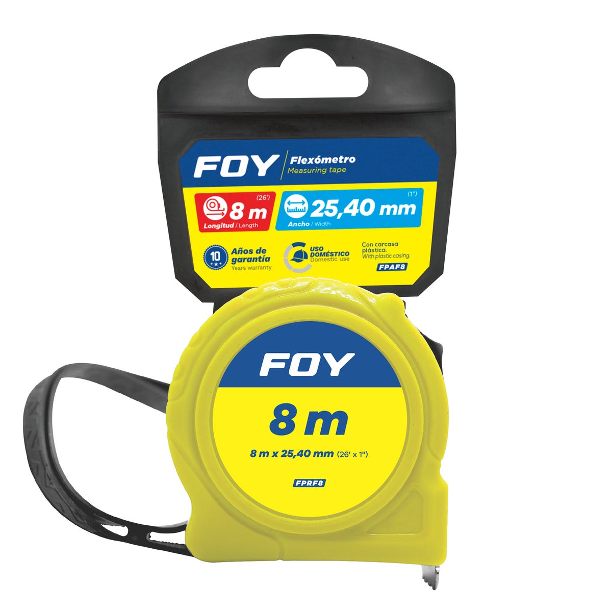 Flexómetro Con Carcasa De Plástico Color Amarillo, 8 m x 25 mm, Foy FPAF8