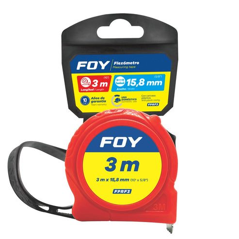 Flexómetro Con Carcasa De Plástico Rojo, 3 m x 15 mm, Foy FPRF3
