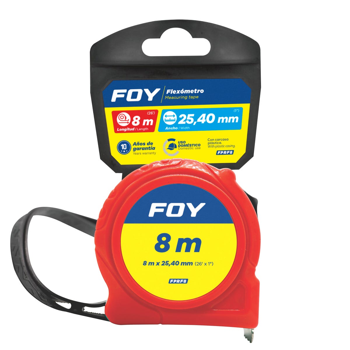 Flexómetro Con Carcasa De Plástico Color Rojo, 8 m x 25 mm, Foy FPRF8