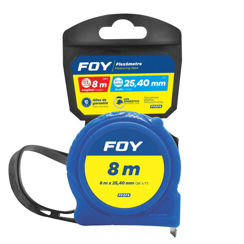 Flexómetro Con Carcasa De Plástico Color Azul, 8 m x 25 mm, Foy FPZF8