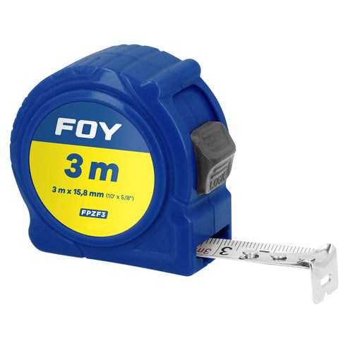 Flexómetros Con Carcasa De Plástico Azul En Display, 3 m x 15 mm, Foy FPZFD3