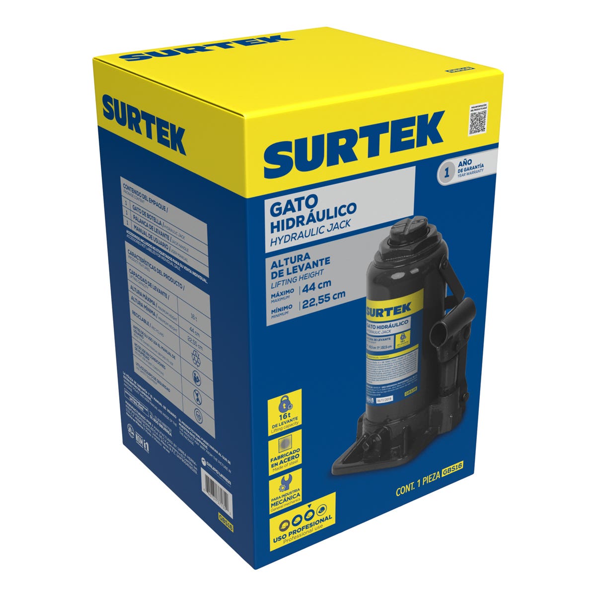 Gato Hidráulico De Botella, 16 Ton, Surtek GBS16