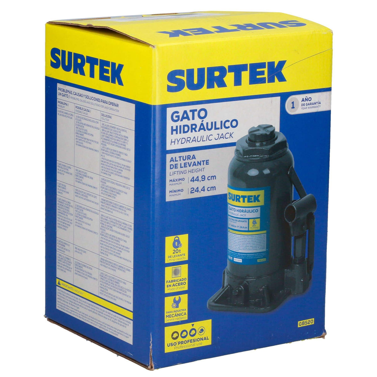 Gato Hidráulico De Botella, 20 Ton, Surtek GBS20