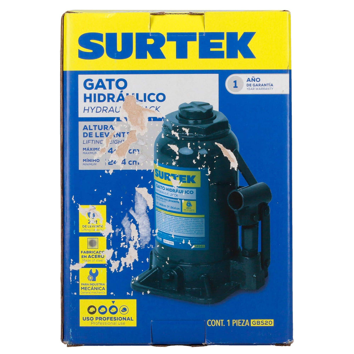 Gato Hidráulico De Botella, 20 Ton, Surtek GBS20