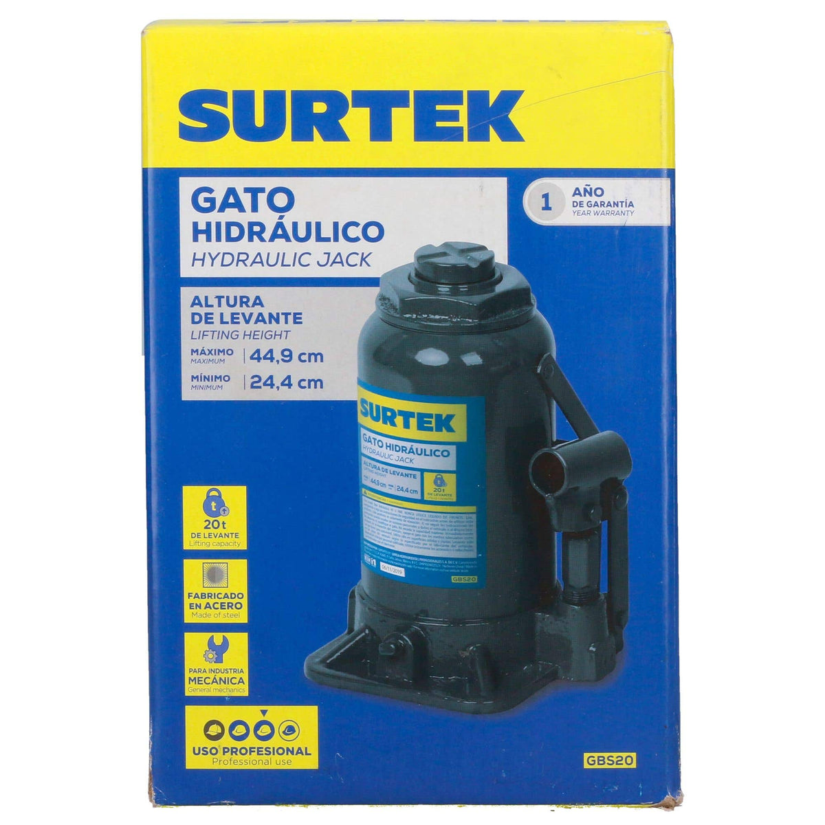 Gato Hidráulico De Botella, 20 Ton, Surtek GBS20