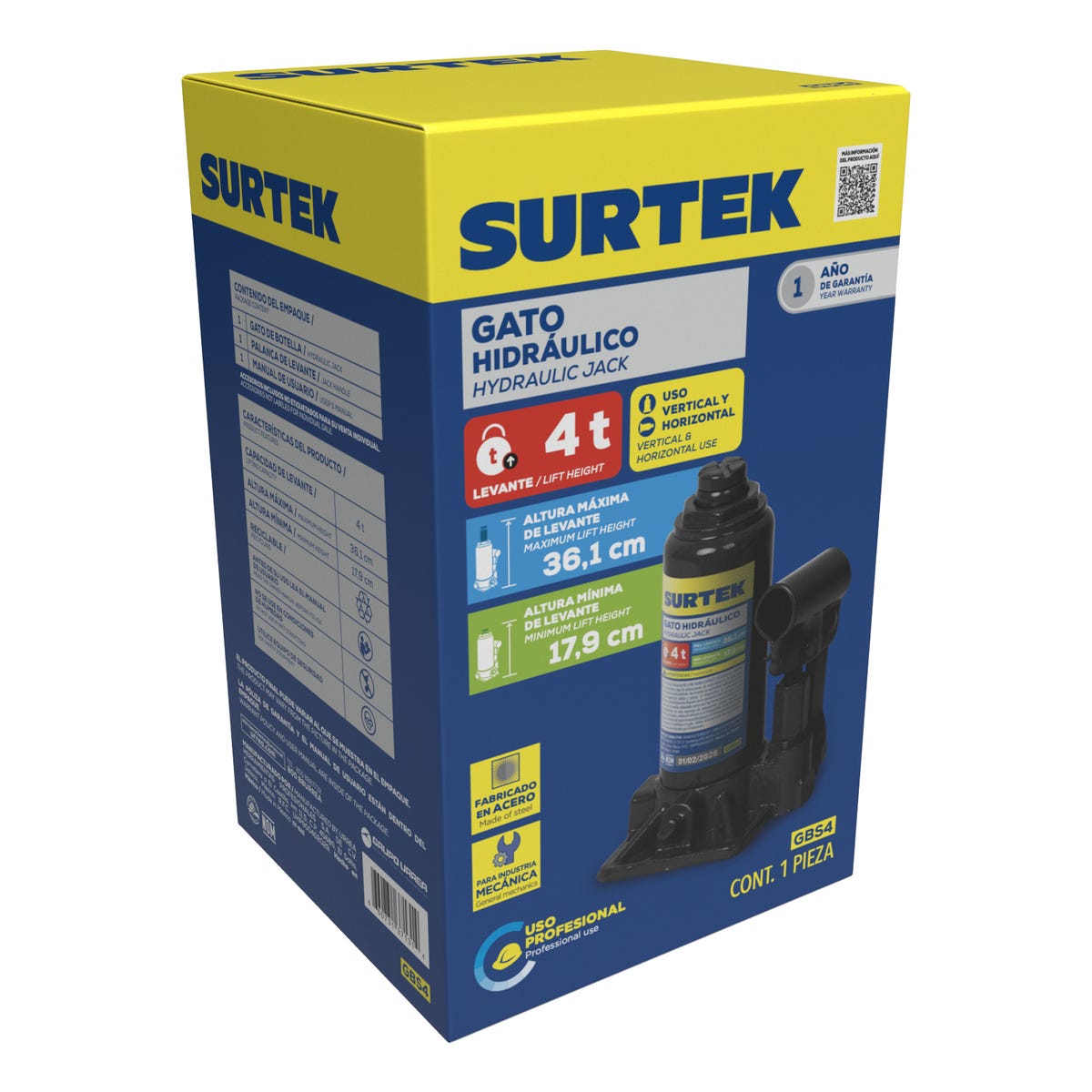 Gato Hidráulico De Botella, 4 Ton, Surtek GBS4