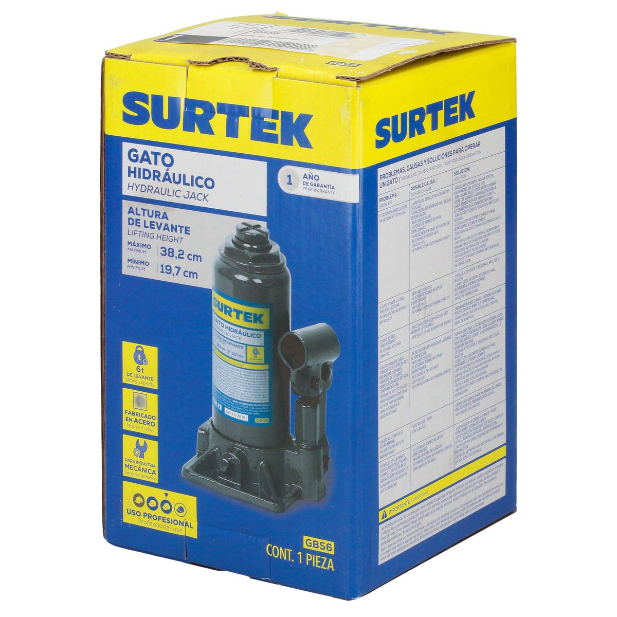 Gato Hidráulico De Botella, 6 Ton, Surtek GBS6