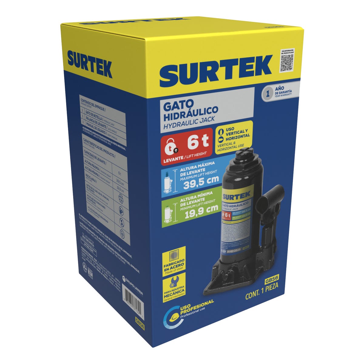 Gato Hidráulico De Botella, 6 Ton, Surtek GBS6