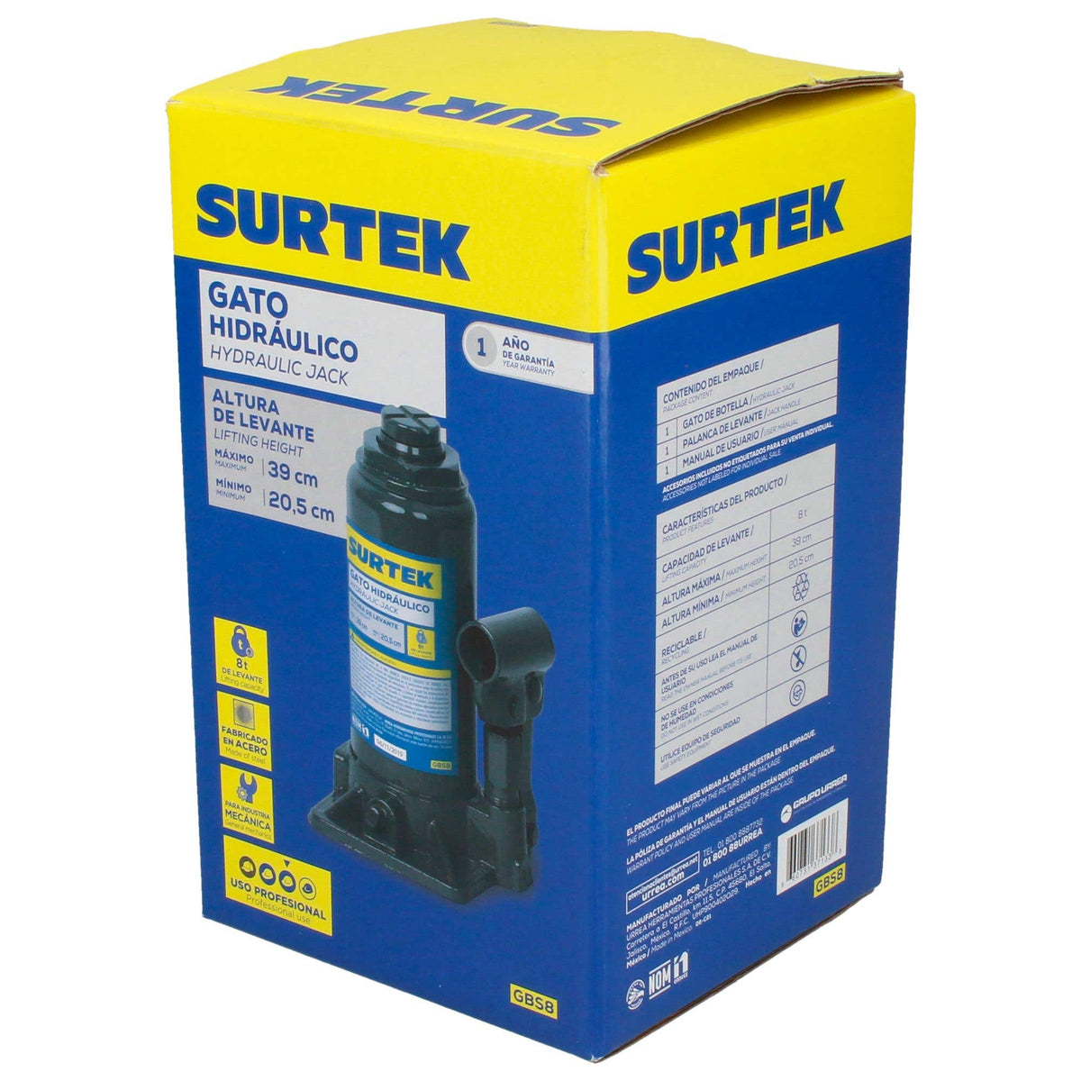 Gato Hidráulico De Botella, 8 Ton, Surtek GBS8