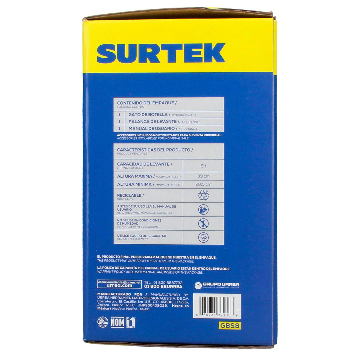 Gato Hidráulico De Botella, 8 Ton, Surtek GBS8