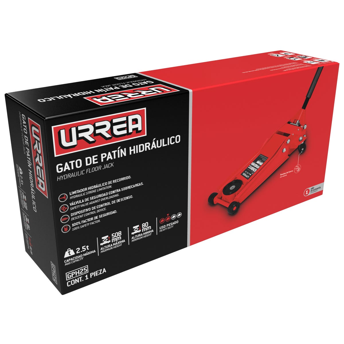 Gato Hidráulico De Patín Compacto, 2.5 Ton, Urrea GPH25