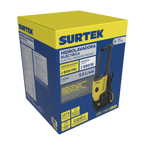 Hidrolavadora Eléctrica 1500 W 127 V 1800 PSI, 5.5 L Por Minuto Flujo Máximo, Surtek HL515