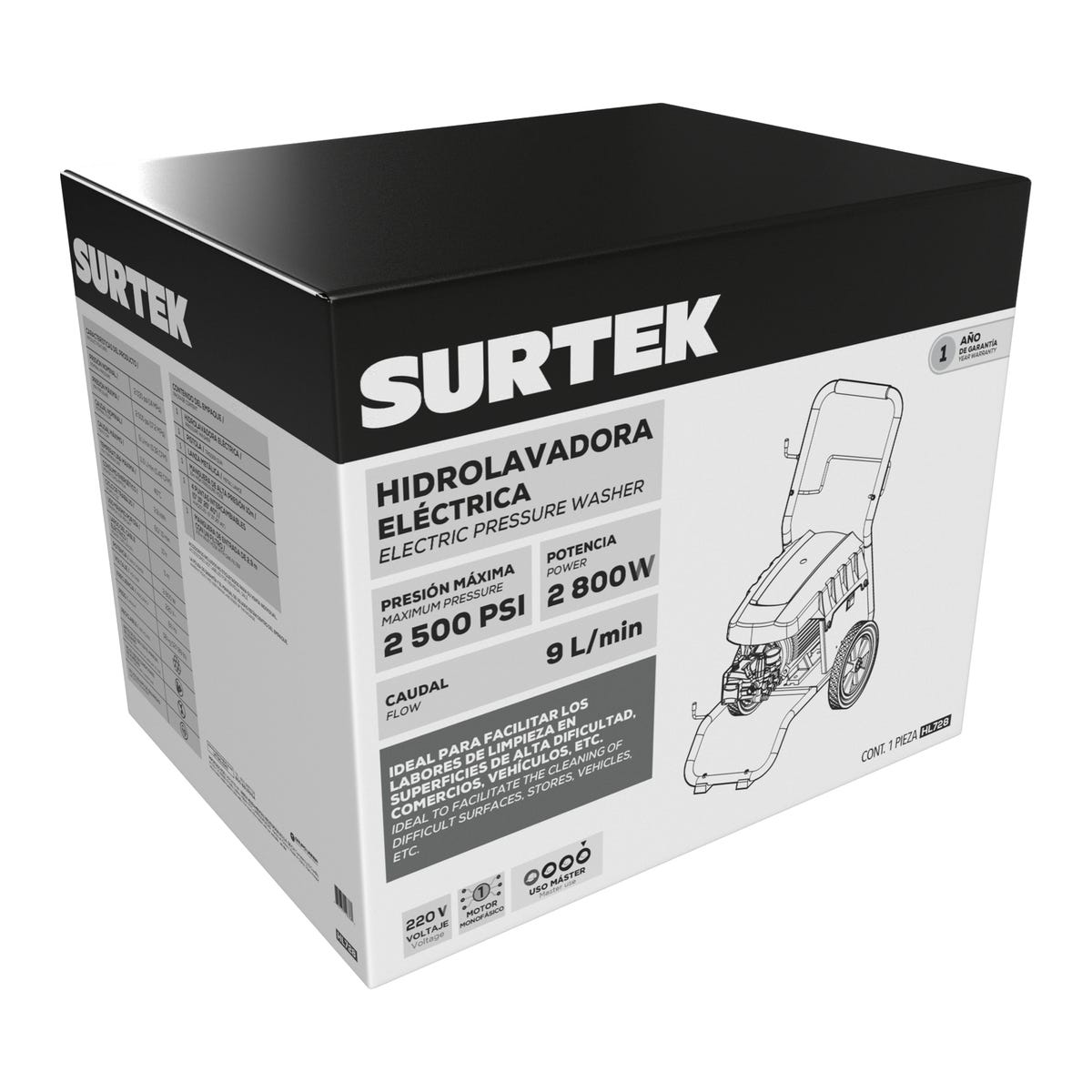 Hidrolavadora Eléctrica 2800 W 220 V 2500 PSI, 9 L Por Minuto, Surtek HL728