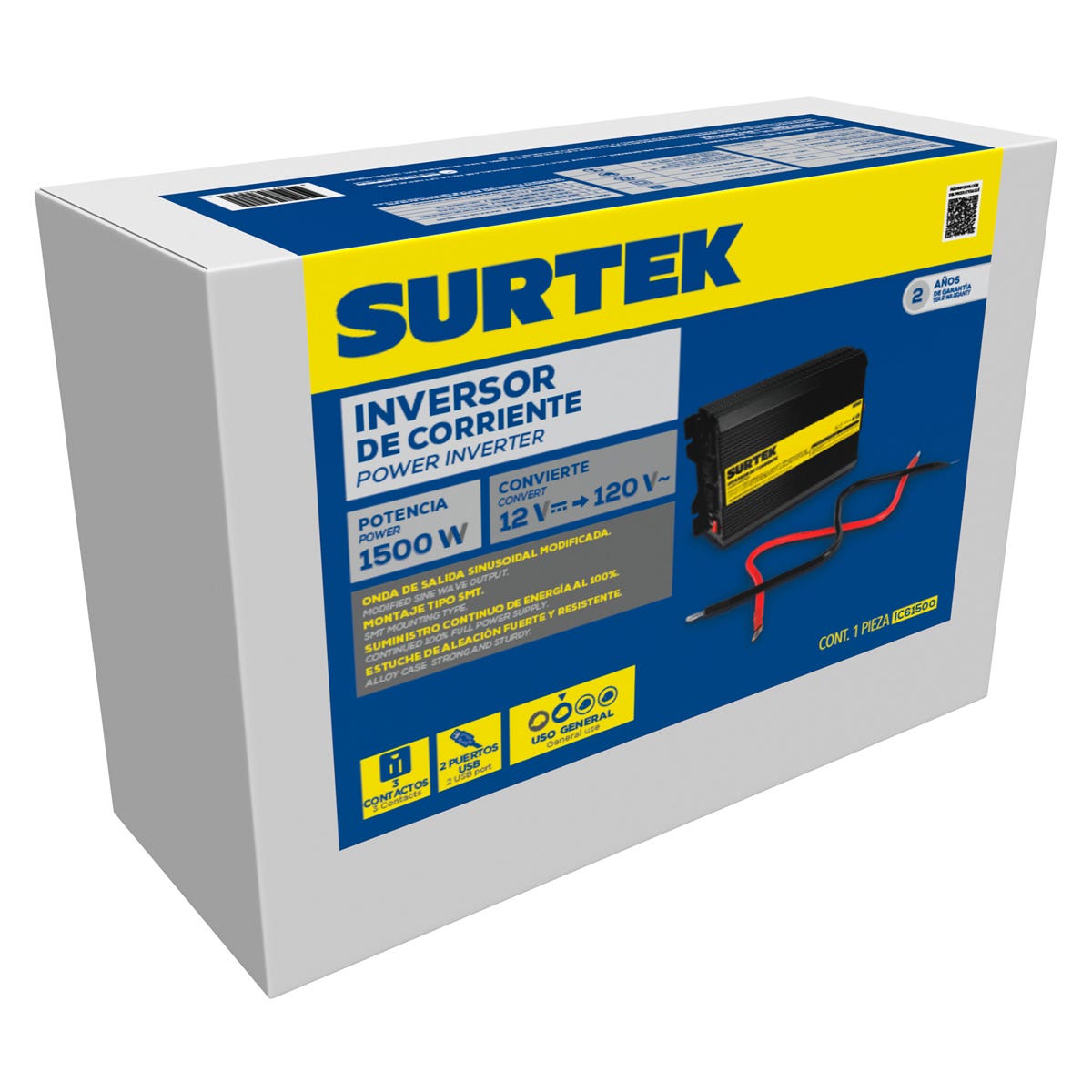 Inversor De Corriente 12 V DC - 120 V AC, 1500 W, Surtek IC61500