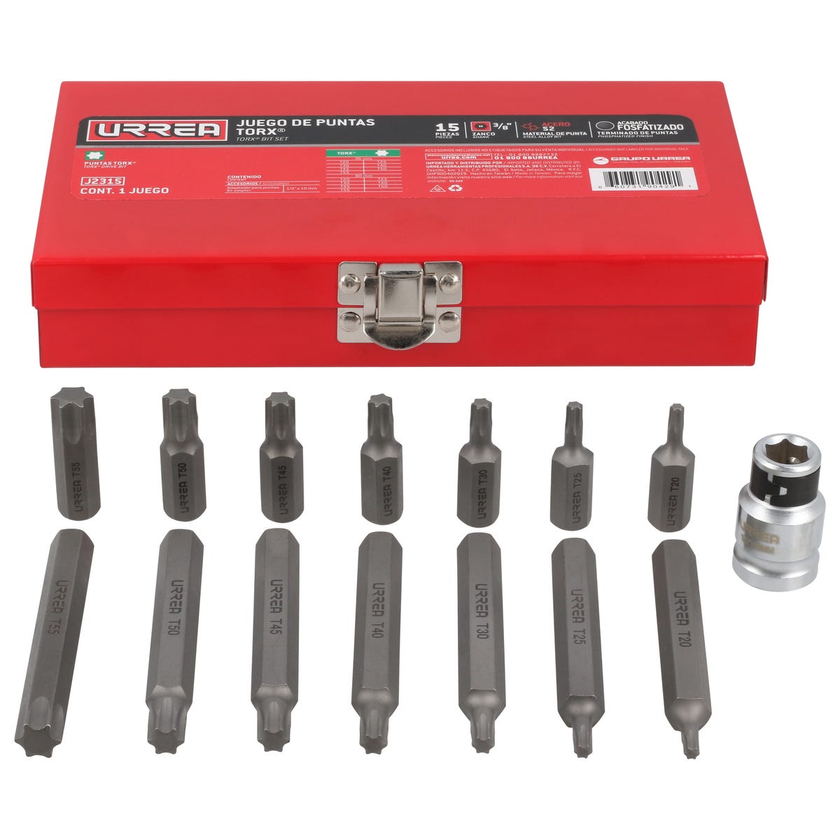 Juego De Puntas Torx Hexágono De 3/8 Con Adaptador, 15 Piezas En Caja Metálica, Urrea J2315