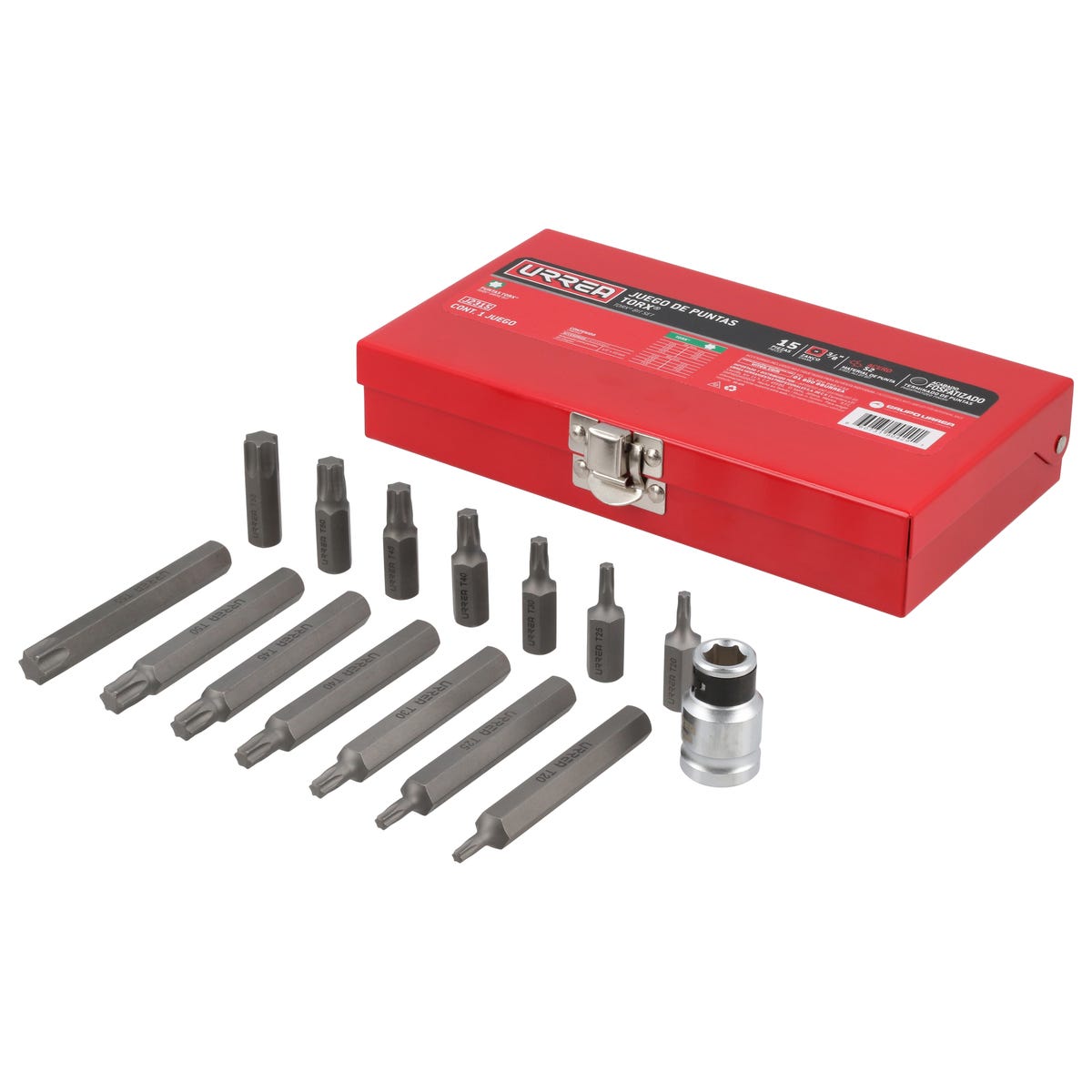 Juego De Puntas Torx Hexágono De 3/8 Con Adaptador, 15 Piezas En Caja Metálica, Urrea J2315