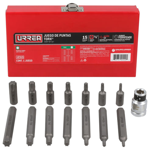 Juego De Puntas Torx Hexágono De 3/8 Con Adaptador, 15 Piezas En Caja Metálica, Urrea J2315