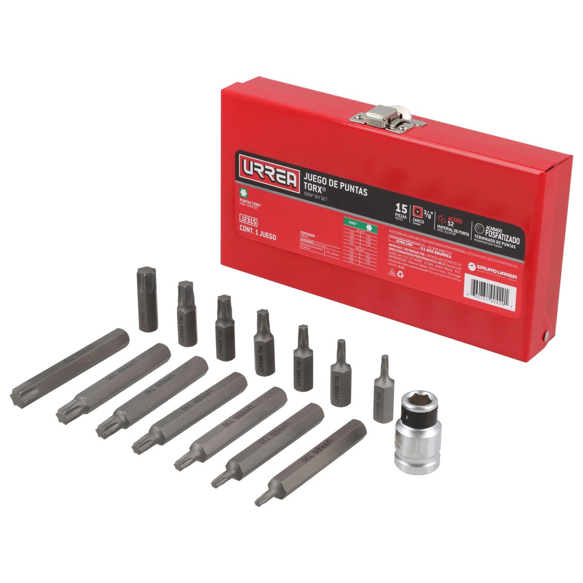 Juego De Puntas Torx Hexágono De 3/8 Con Adaptador, 15 Piezas En Caja Metálica, Urrea J2315