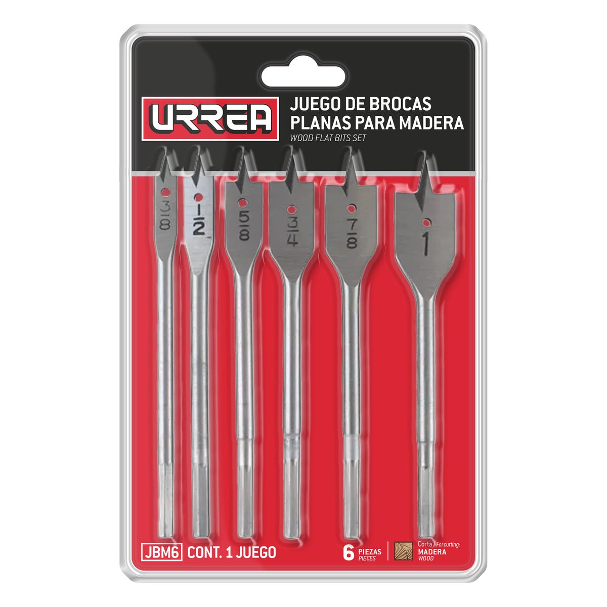Juego De Brocas Para Madera De Acero Al Carbono Tipo Manita, 6 Piezas, Urrea JBM6