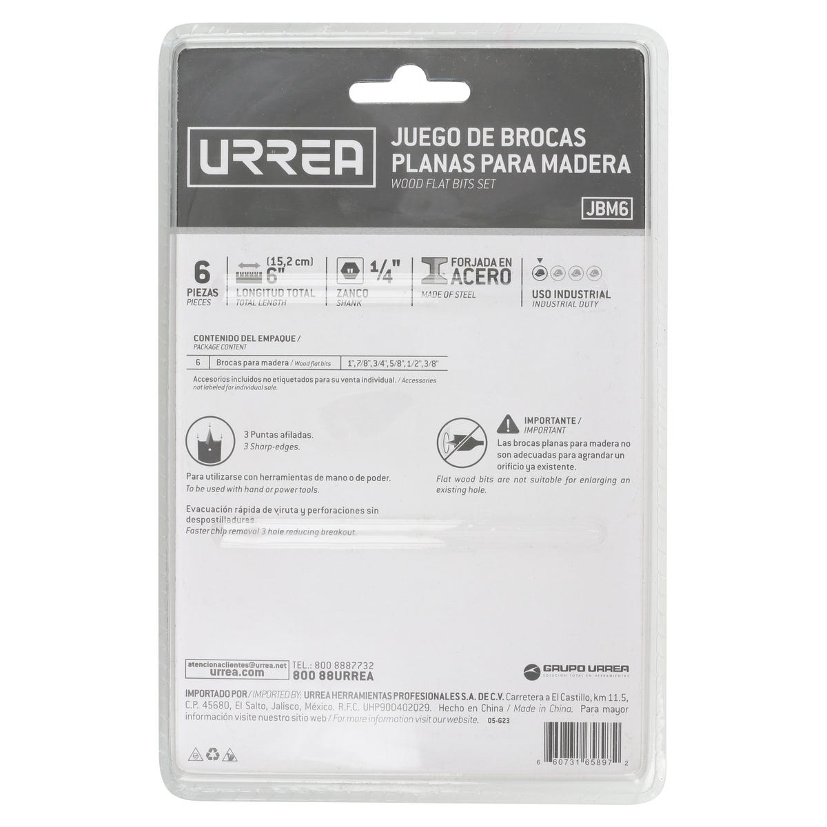 Juego De Brocas Para Madera De Acero Al Carbono Tipo Manita, 6 Piezas, Urrea JBM6