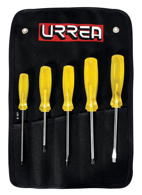 Juego De Destornilladores Con Mango Ámbar Combinados, 5 Piezas En Estuche, Urrea JBUD01
