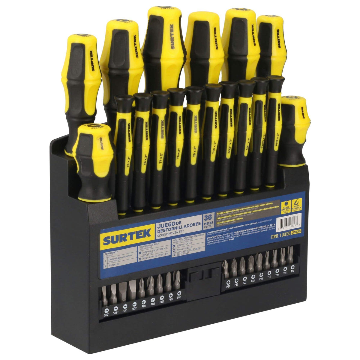 Juego De Destornilladores Con Mango Bimaterial Combinados, 36 Piezas En Rack, Surtek JDB36