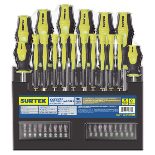 Juego De Destornilladores Con Mango Bimaterial Combinados, 36 Piezas En Rack, Surtek JDB36