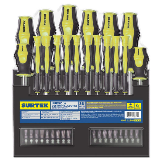 Juego De Destornilladores Con Mango Bimaterial Combinados, 36 Piezas En Rack, Surtek JDB36