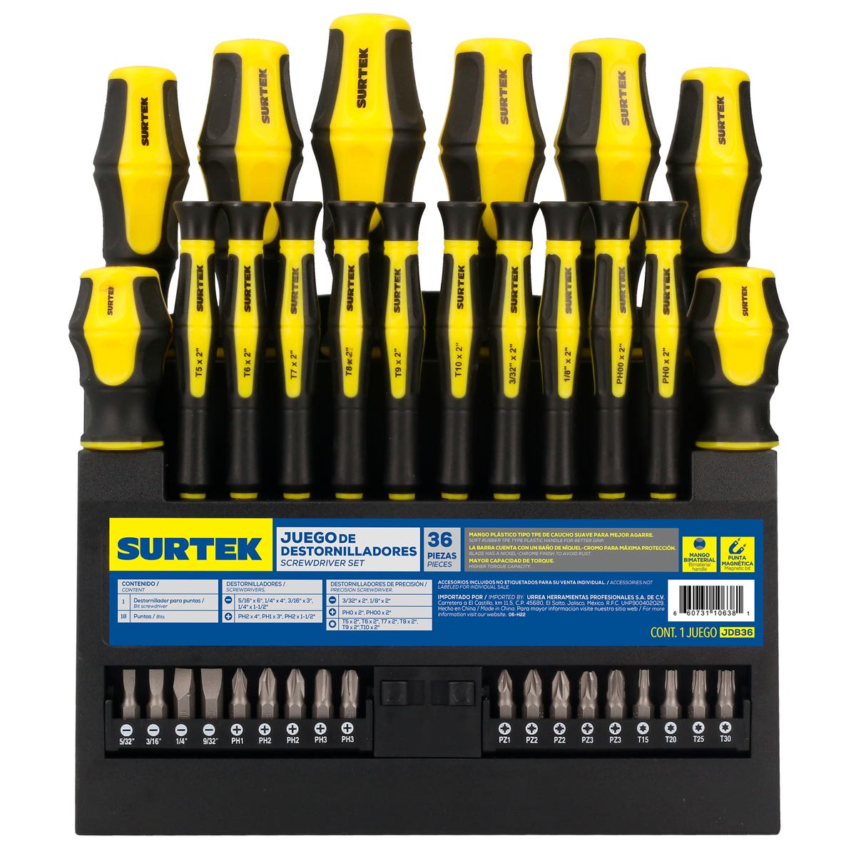 Juego De Destornilladores Con Mango Bimaterial Combinados, 36 Piezas En Rack, Surtek JDB36