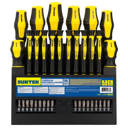 Juego De Destornilladores Con Mango Bimaterial Combinados, 36 Piezas En Rack, Surtek JDB36